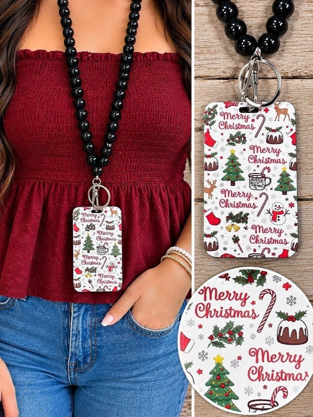 Beaded Black Lanyard with Detachable Christmas Key Card Holder White & Red